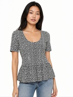 Maeve Leopard Print Peplum Top Black White Short Sleeve Size Large